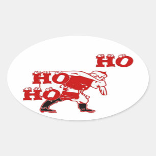 Red and White Santa Walking Ho Ho Ho Art Print Oval Sticker