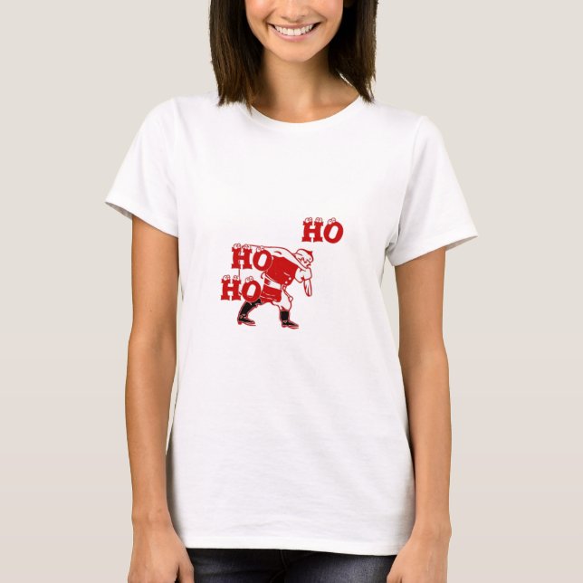 Red and White Santa Walking Ho Ho Ho Art Print T-Shirt (Front)