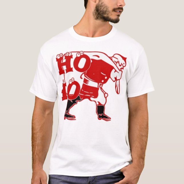 Red and White Santa Walking Ho Ho Ho Art Print T-Shirt (Front)