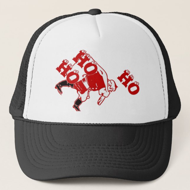 Red and White Santa Walking Ho Ho Ho Art Print Trucker Hat (Front)