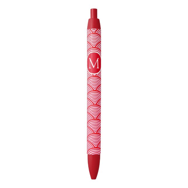 Red and White Scallop Pattern Monogram Black Ink Pen (Front Vertical)