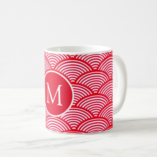 Red and White Scallop Pattern Monogram Coffee Mug (Front Right)