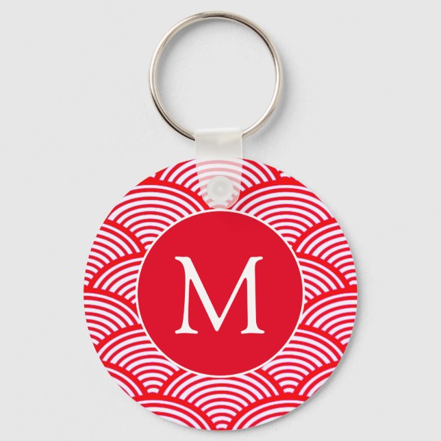 Red and White Scallop Pattern Monogram Key Ring (Front)