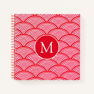 Red and White Scallop Pattern Monogram Notebook
