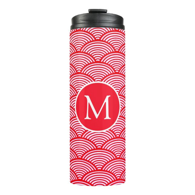 Red and White Scallop Pattern Monogram Thermal Tumbler (Front)