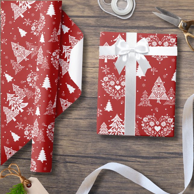 Red and White Scandinavian Heart & Christmas Tree Wrapping Paper (Creator Uploaded)