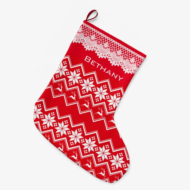 Red And White Scandinavian Snowflakes And Reindeer Large Christmas Stocking (Front (Hanging))