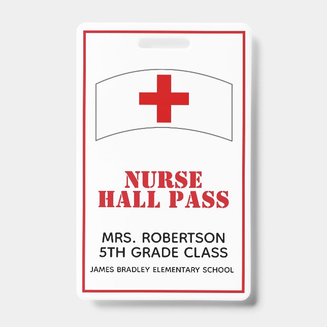 Red and White School Nurse Hall Pass Badge ID Badge (Front)
