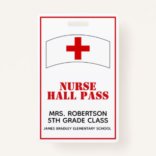 Red and White School Nurse Hall Pass Badge ID Badge