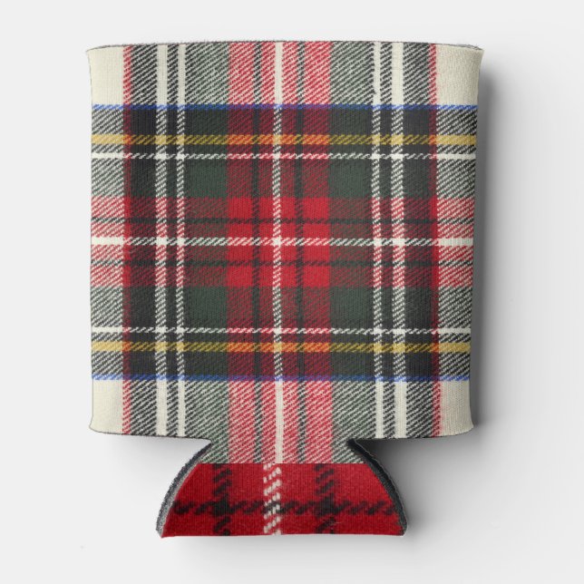 Red and white Scottish tartan plaid. Can Cooler (Front)