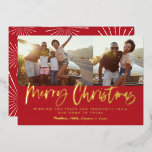 Red and white script merry Christmas multi photo Foil Holiday Card<br><div class="desc">Red and white script merry christmas multi photo modern star burst design.</div>
