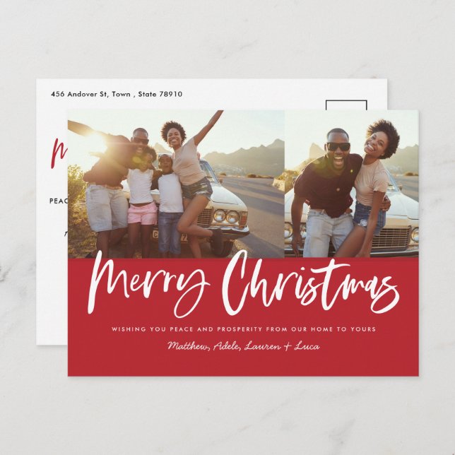 Red and white script merry Christmas multi photo H Holiday Postcard (Front/Back)