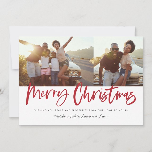 Red and white script merry Christmas multi photo Holiday Card (Front)