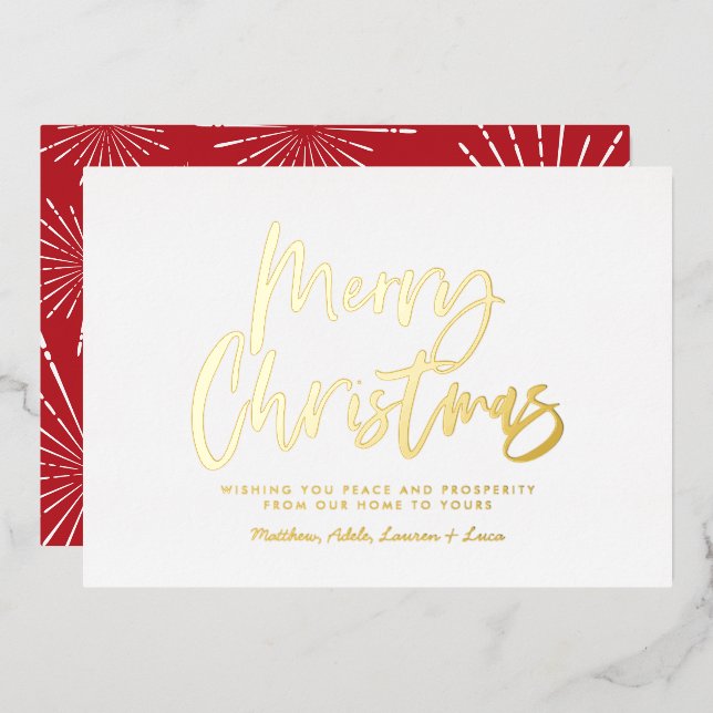 Red and white script merry Christmas non photo Foil Holiday Card (Front/Back)