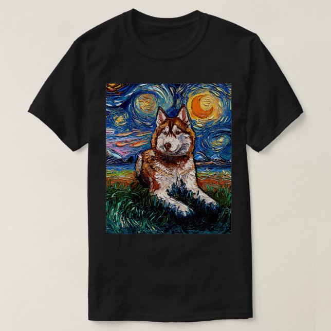 Red and White Siberian Husky Starry Night Dog Art  T-Shirt (Design Front)