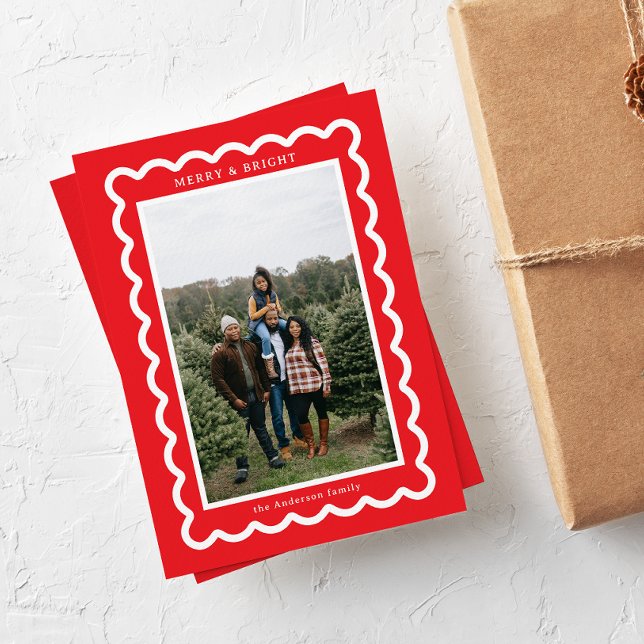 Red and White Simple Scallop Holiday Card (red Christmas holiday family photo card with simple modern text and white scalloped frame)