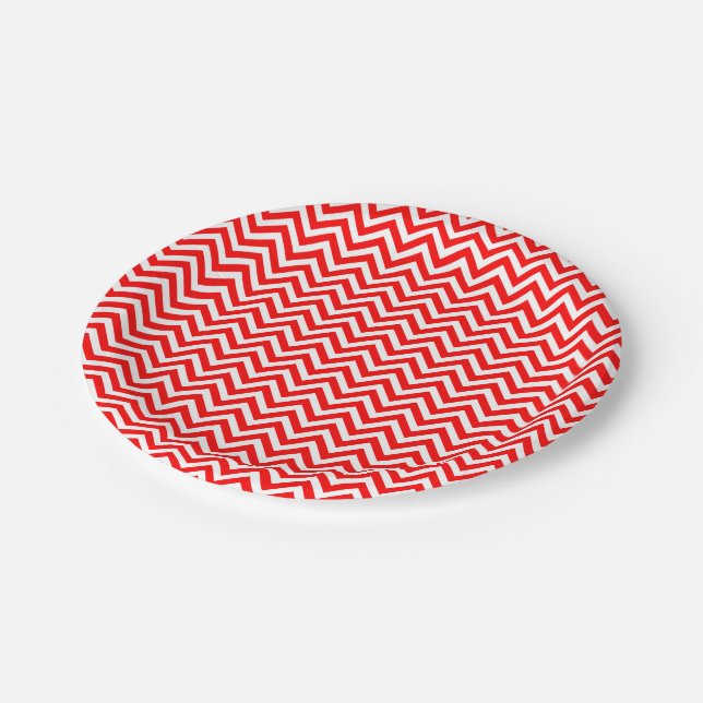 Red and White Small Size Chevron Stripes Paper Plate (Angled)