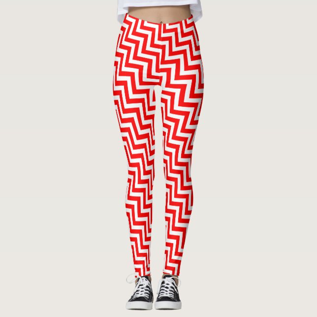 Red and White Small Size Diagonal Chevron Leggings (Front)