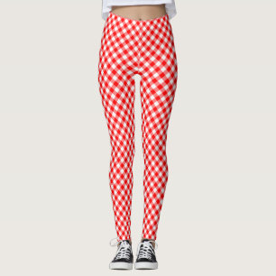 Red and White Small Size Diagonal Gingham Checks Leggings