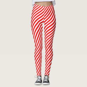 Red and White Small Size Diagonal Stripes Leggings