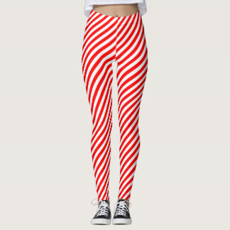 Red and White Small Size Diagonal Stripes Leggings