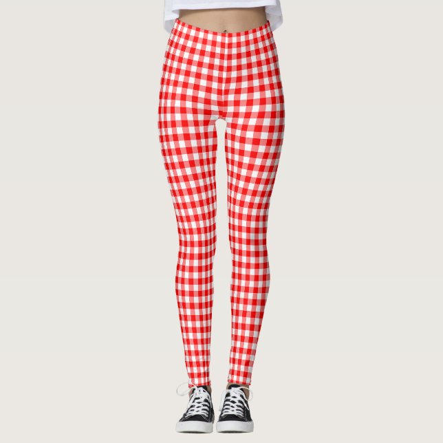 Red and White Small Size Gingham Checks Leggings (Front)