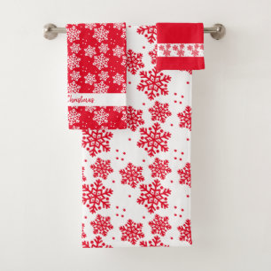 Red and White Snoflake Pattern Merry Christmas Bath Towel Set