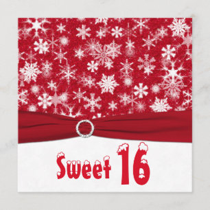 Red and White Snowflake 16th Birthday Invitation