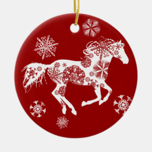 Red and White Snowflake Christmas Horse Ceramic Tree Decoration