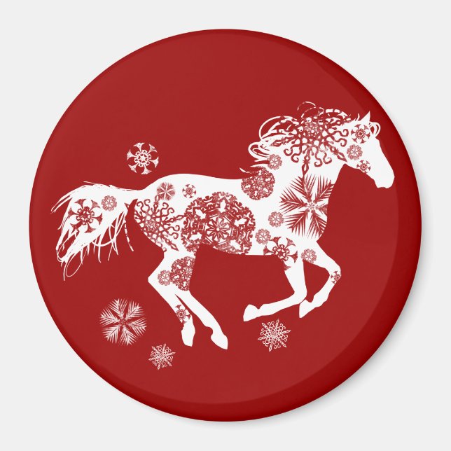 Red and White Snowflake Christmas Horse Magnet (Front)