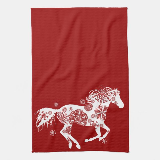 Red and White Snowflake Christmas Horse Tea Towel (Vertical)