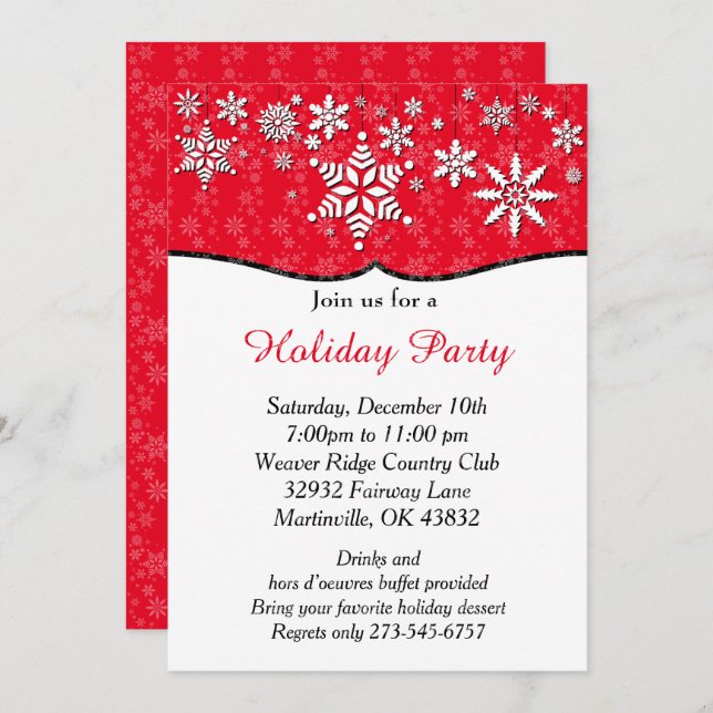 Red and White Snowflake Christmas Invitation (Front/Back)