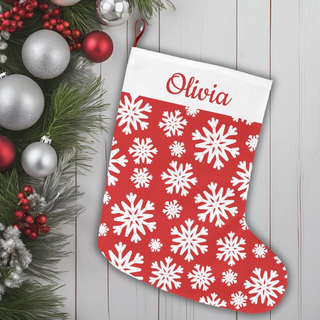 Red And White Snowflake Classic Personalised Large Christmas Stocking (Red And White Snowflake Classic Personalized Large Christmas Stocking)
