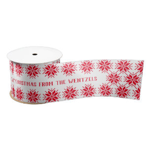 Red and White Snowflake Custom Merry Christmas Satin Ribbon