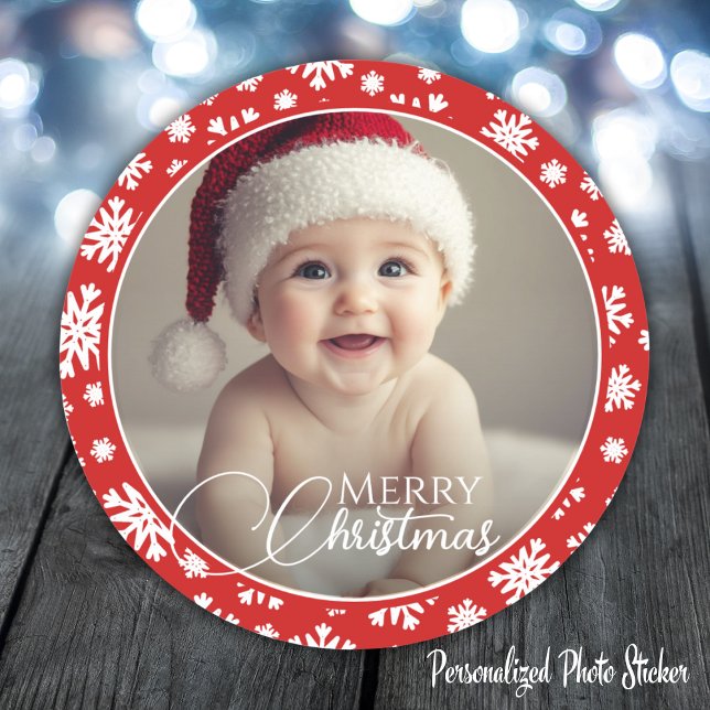 Red And White Snowflake Merry Christmas Photo Classic Round Sticker (Red And White Snowflake Merry Christmas Photo Classic Round Sticker)