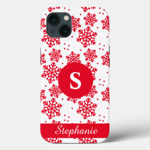 Red and White Snowflake Pattern Monogram Case-Mate iPhone 13 Case
