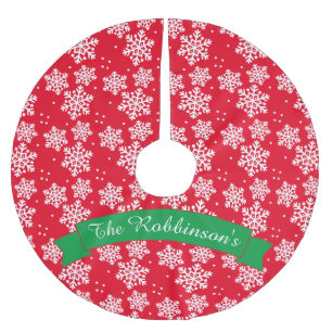 Red and White Snowflake Pattern with Family Name Brushed Polyester Tree Skirt