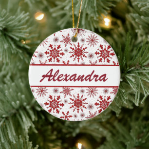 Red And White Snowflake Pattern With Name Ceramic Tree Decoration