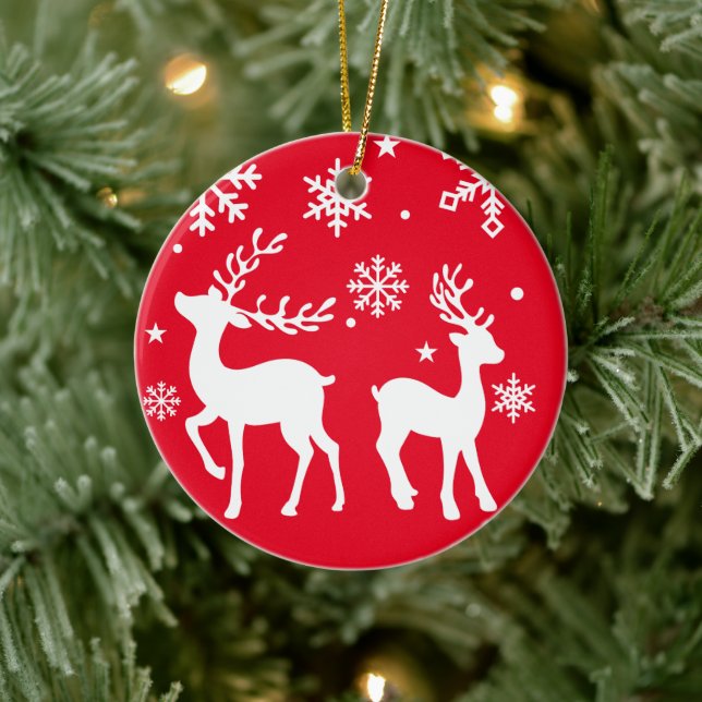 Red and White snowflake reindeer Merry Christmas   Ceramic Tree Decoration (Tree)