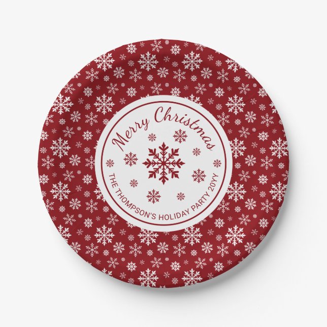 Red And White Snowflakes Custom Christmas Party Paper Plate (Front)