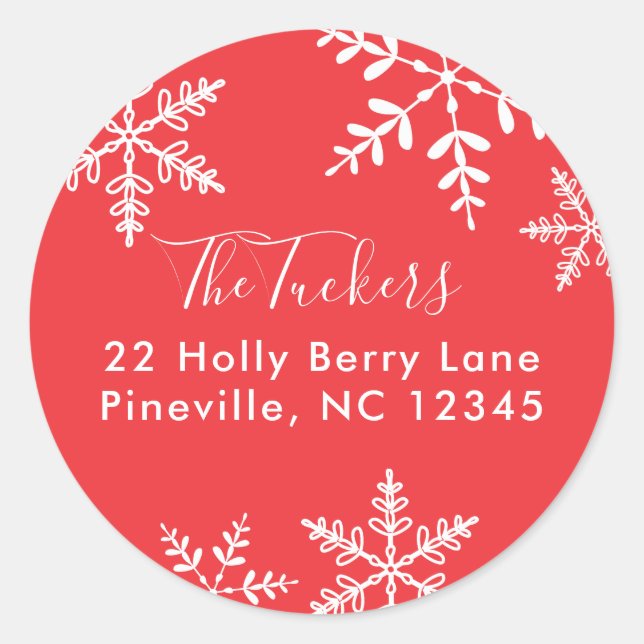 Red and White Snowflakes Merry Christmas Classic Round Sticker (Front)