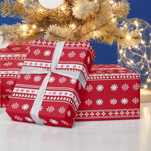 Red and White Snowflakes Modern Christmas Wrapping Paper (Holidays)