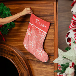 Red and white snowflakes name Christmas Large Christmas Stocking