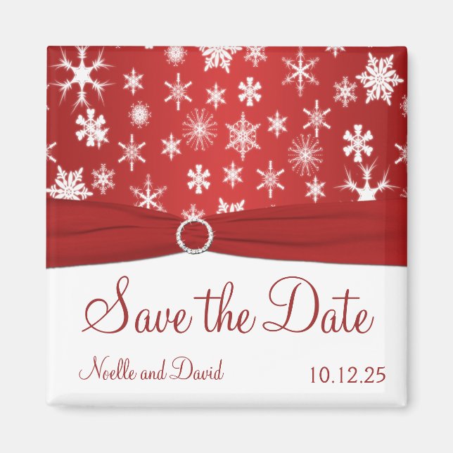Red and White Snowflakes Save the Date Magnet (Front)