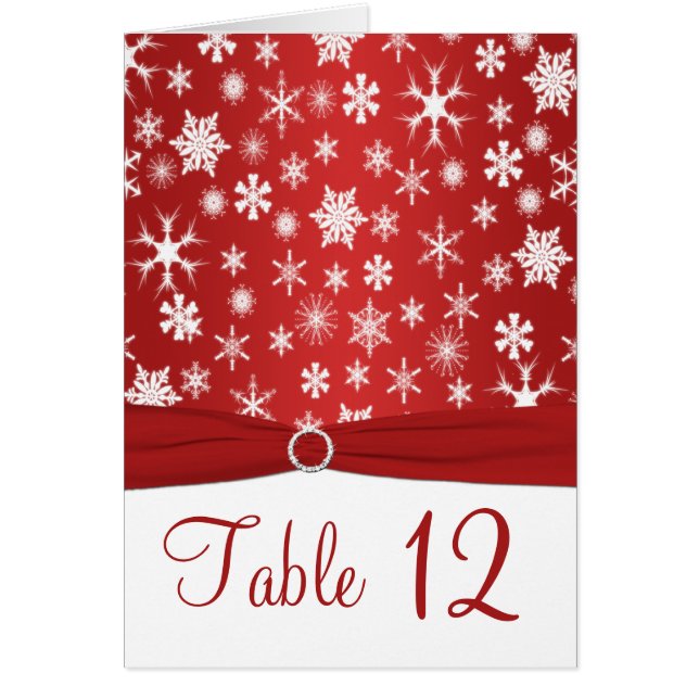 Red and White Snowflakes Table Number Card (Front)