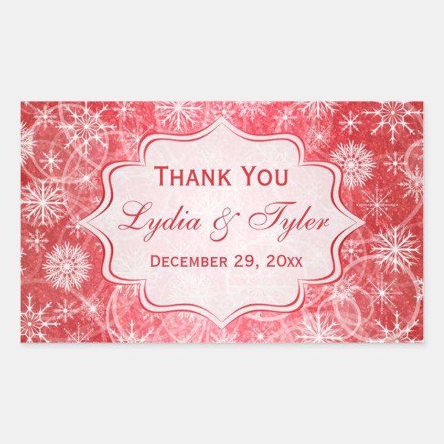 Red and White Snowflakes Wedding Favour Sticker (Front)
