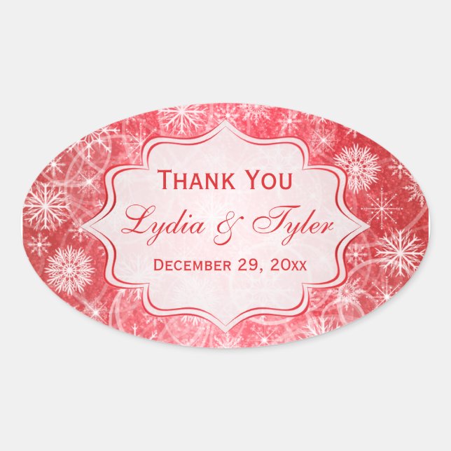 Red and White Snowflakes Wedding Favour Sticker (Front)