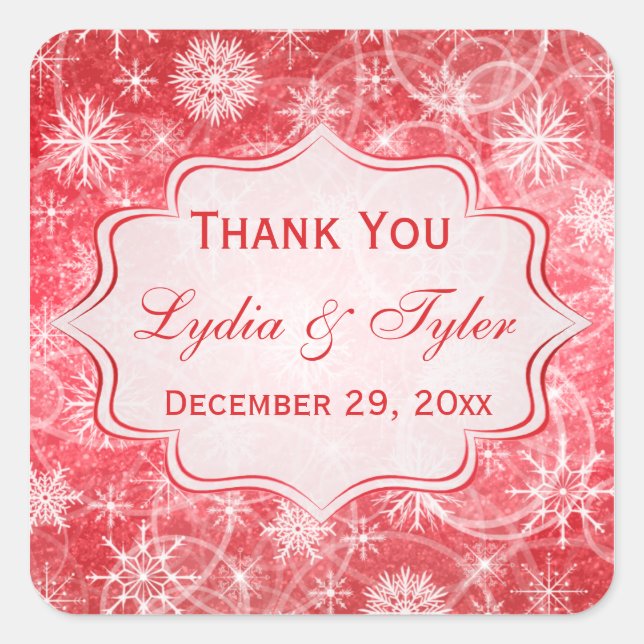 Red and White Snowflakes Wedding Favour Sticker (Front)
