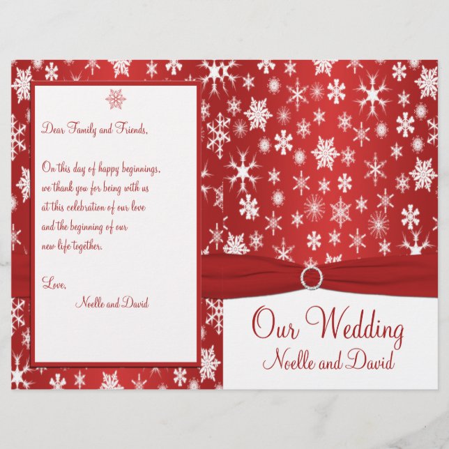 Red and White Snowflakes Wedding Program (Front)