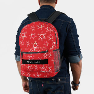 Red and White Snowflakes, Your name, Personalise Printed Backpack
